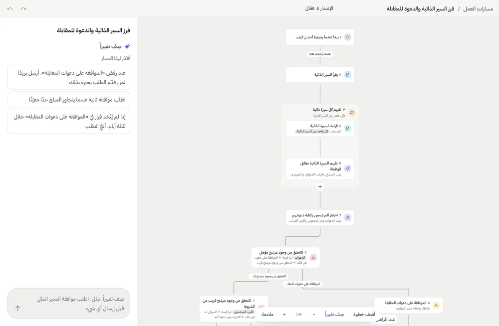 محرر بورتس يعرض مسار طلب الإجازة خريطةً من الخطوات، وبجانبه المساعد الذكي.