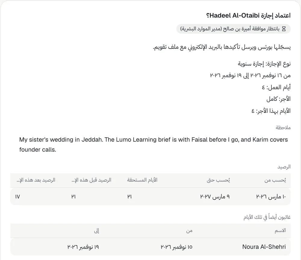 طلب إجازة في بورتس بانتظار مدير الموارد البشرية: نوع الإجازة وتواريخها وأيام العمل والرصيد المتبقي ومن يغيب في الأيام نفسها.
